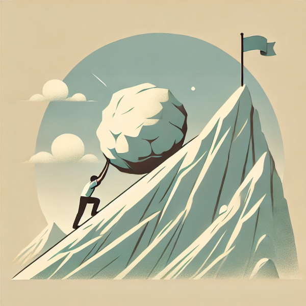 Illustration minimaliste et futuriste représentant la résilience émotionnelle, avec une personne poussant une pierre symbolisant la stabilité face aux défis